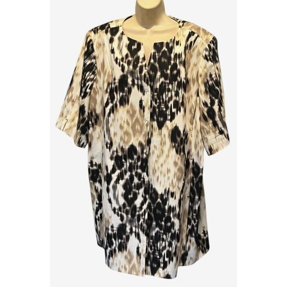 Tahari Beige Black Abstract Print Snaps Front Pockets Stretch Duster Coat - Picture 4 of 10